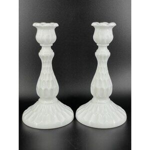 Vintage Fenton Thumbprint Design White Milk Glass Candlestick Holder Set 2
